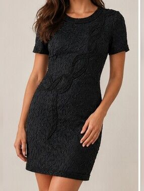 Silky Nites Vintage 100% Silk Beaded Cocktail Dress Black Size 14